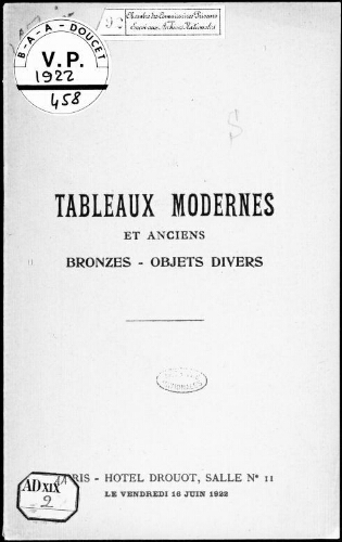 Tableaux modernes et anciens, bronzes, objets divers : [vente du 16 juin 1922]