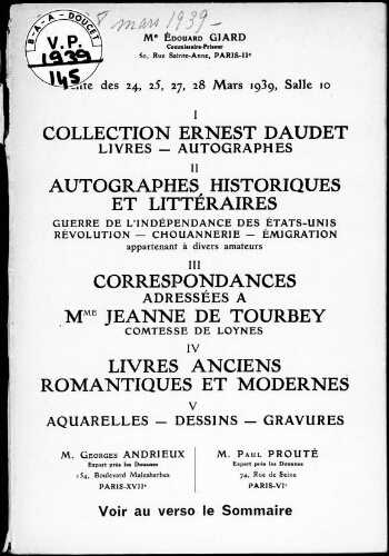Collection Ernest Daudet, livres, autographes […] : [vente des 24, 25, 27 et 28 mars 1939]