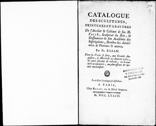 Catalogue des sculptures, peintures et gravures de l'atelier et cabinet de feu M. Vassé [...] : [vente du 11 janvier 1773]