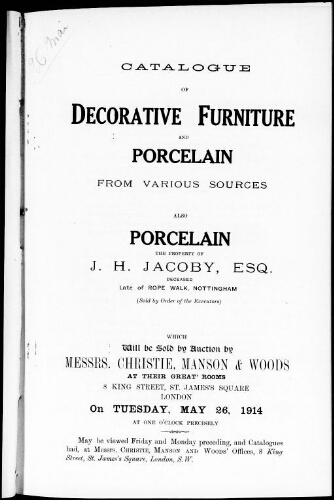 Catalogue of decorative furniture and porcelain from various sources […] : [vente du 26 mai 1914]