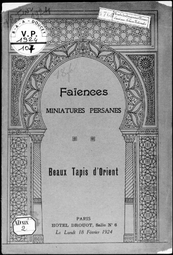 Faïences, miniatures persanes, beaux tapis d'Orient : [vente du 18 février 1924]
