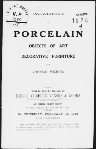 Catalogue of porcelain, objects of art and decorative furniture, from various sources [...] : [vente du 18 février 1926]