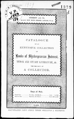 Extensive collection of books of Shakespearean interest, Tudor and Stuart Literature, etc. : [vente des 4 et 5 mars 1929]