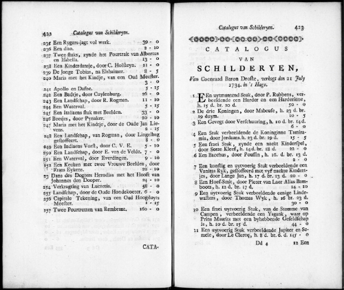 Catalogus van Schilderyen van Coenraad Baron Droste [...] : [vente du 21 juillet 1734]