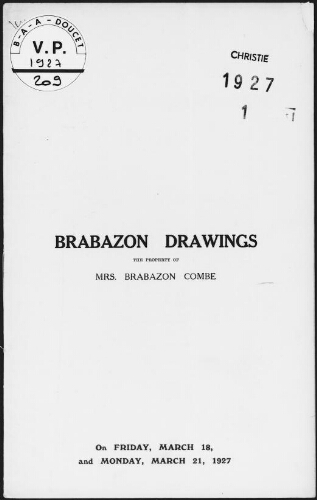 Brabazon drawings, the property of Mrs. Brabazon Combe : [vente des 18 et 21 mars 1927]