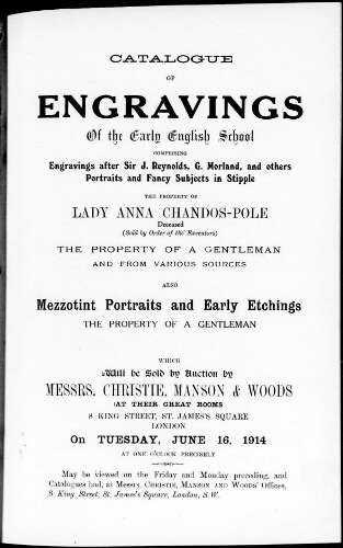 Catalogue of engravings of the early English school […] : [vente du 16 juin 1914]