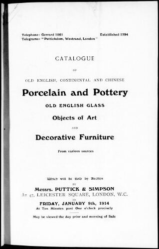 Catalogue of old English, continental and Chinese porcelain and pottery […] : [vente du 9 janvier 1914]