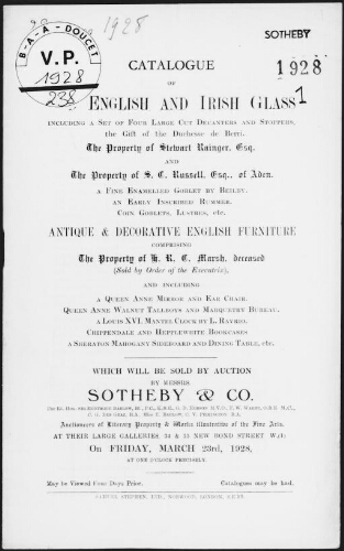 Catalogue of old English and Irish glass [...], the property of Stewart Rainger [...] : [vente du 23 mars 1928]
