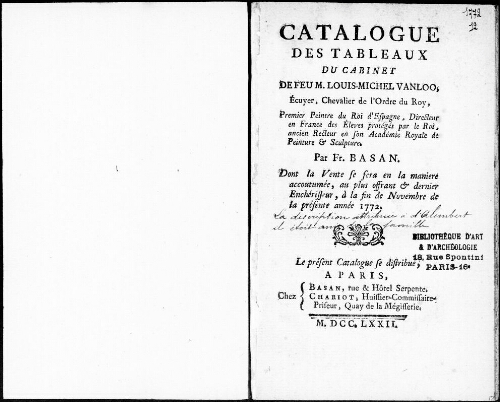 Catalogue des tableaux du cabinet de feu M. Louis-Michel Vanloo [...] : [vente de novembre 1772]