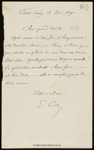 Lettre à Jean-Louis-Ernest Meissonier, 12 juin 1890