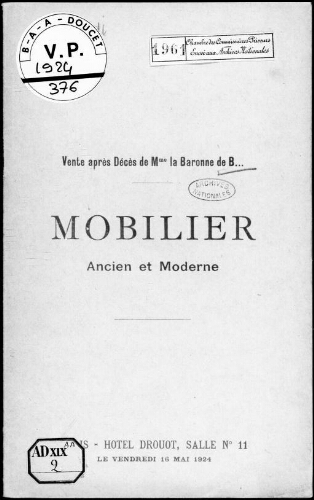 Vente après décès de Mme la Baronne de B. Mobilier ancien et moderne : [vente du 16 mai 1924]