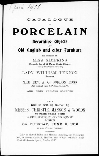 Catalogue of porcelain, decorative objects and old English and other furniture […] : [vente du 6 juin 1916]