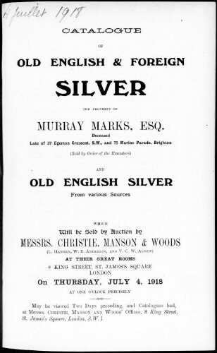 Catalogue of old English and foreign silver […] : [vente du 4 juillet 1918]
