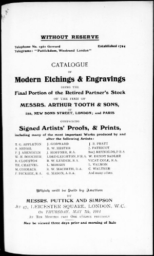 Catalogue of modern etchings and engravings [...] : [vente du 7 mai 1914]