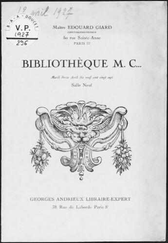 Bibliothèque M. C... : [vente du 12 avril 1927]