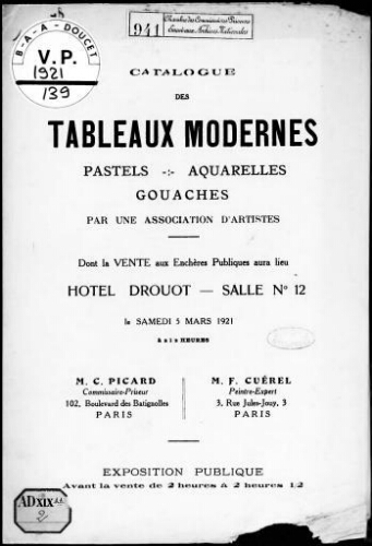 Catalogue des tableaux modernes, pastels, aquarelles, gouaches, par une association d'artistes [...] : [vente du 5 mars 1921]