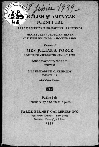 English and American furniture, early American primitive paintings […] : [vente des 17 et 18 février 1939]
