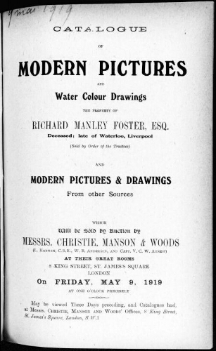 Catalogue of modern pictures and water colour drawings [...] : [vente du 9 mai 1919]