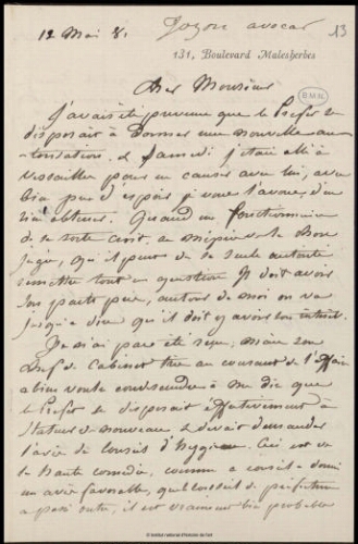 Lettre de Jean-Louis-Ernest Meissonier à un avocat, Paris, 12 mai 1881