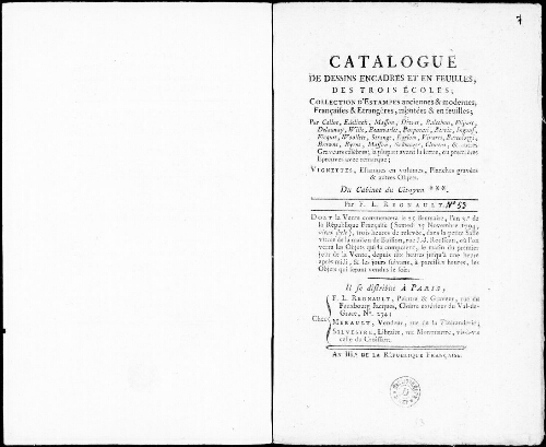 Catalogue de dessins encadrés et en feuilles, des trois écoles, collection d’estampes anciennes et modernes [...] : [vente du 15 novembre 1794]
