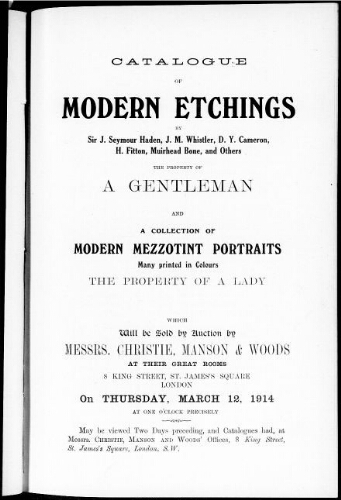 Catalogue of modern etchings [...] : [vente du 12 mars 1914]