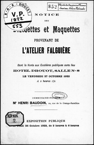 Notice des statuettes et maquettes provenant de l'atelier Falguière [...] : [vente du 27 octobre 1922]