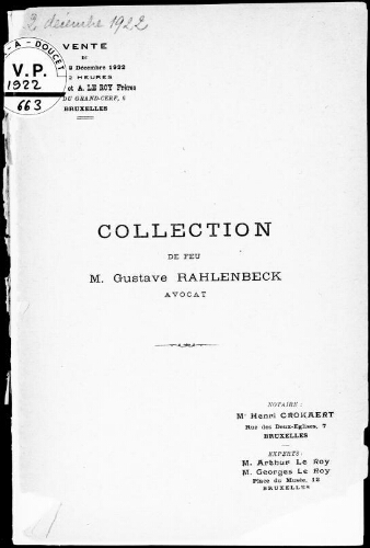 Collection de feu M. Gustave Rahlenbeck, avocat : [vente du 2 décembre 1922]
