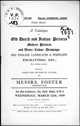Catalogue of old Dutch and Italian pictures, modern pictures and water colour drawings [...] : [vente du 12 mars 1930]