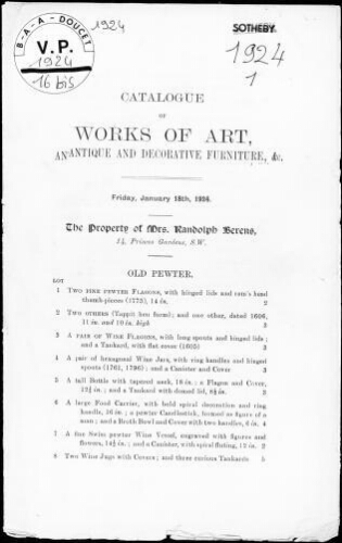 Catalogue of works of art, antique and decorative furniture [...] : [vente du 18 janvier 1924]
