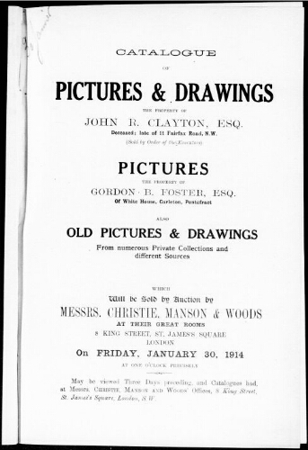Catalogue of pictures and drawings [...] : [vente du 30 janvier 1914]