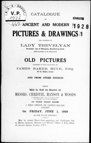 Catalogue of ancient and modern pictures and drawings, the property of Lady Trevelyan [...] : [vente du 1er juin 1928]