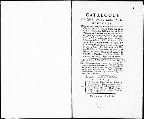 Catalogue de quelques tableaux, gouaches, dessins encadrés et estampes [...] : [vente du 30 septembre 1793]