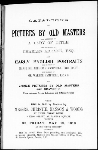 Catalogue of pictures by old masters […] : [vente du 19 mai 1916]