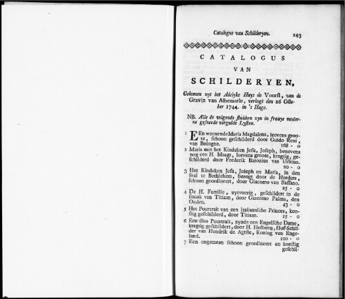 Catalogus van Schilderyen gekomen uyt het Adelyke Huys de Voorst, van de Gravin van Albemarle [...] : [vente du 26 octobre 1744]