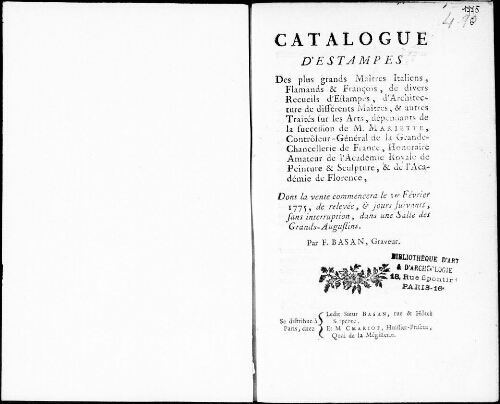 Catalogue d'estampes des plus grands maîtres italiens, flamands et français, de divers recueils d'estampes, d'architecture [...] : [vente du 1 février 1775]