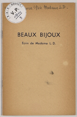Beaux bijoux, écrin de Madame L. D. : [vente du 14 janvier 1944]