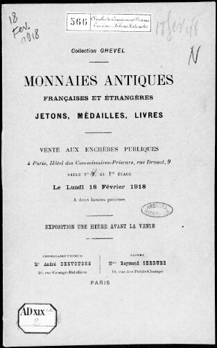 Collection Ghevel ; Monnaies antiques françaises et étrangères […] : [vente du 18 février 1918]