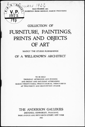 Collection of furniture, paintings, prints and objects of art, mainly the studio furnishings, of a well-known architect [...] : [vente du 23 au 25 mars 1922]