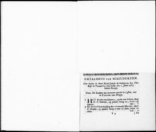 Catalogus van Schilderyen van wylen de Heer Karel Joseph de Schryvere [...] : [vente du 1er juin 1763]