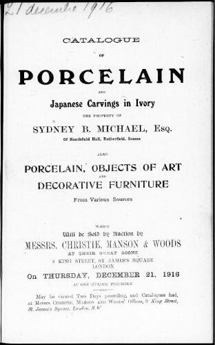 Catalogue of porcelain and Japanese carvings in ivory […] : [vente du 21 décembre 1916]