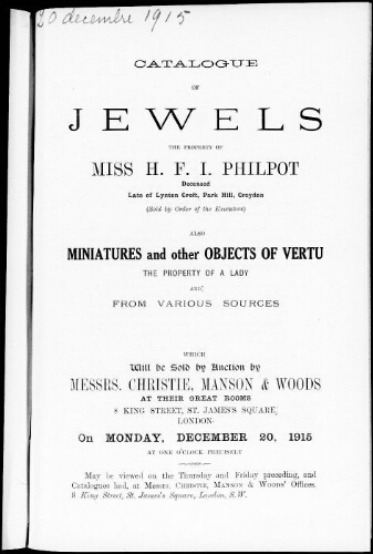 Catalogue of jewels […] : [vente du 20 décembre 1915]