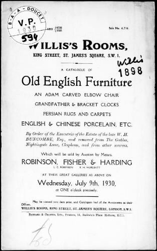 Old English furniture, Adam carved Elbow chair, grandfather and bracket clocks, Persian rugs, English and Chinese porcelain: [vente du 9 juillet 1930]