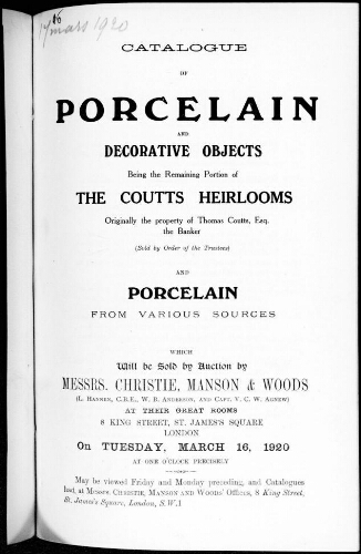 Catalogue of porcelain and decorative objects [...] : [vente du 16 mars 1920]