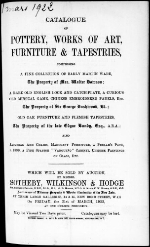 Catalogue of pottery, works of art, furniture and tapestries, comprising a fine collection of early Martin ware [...] : [vente du 31 mars 1922]
