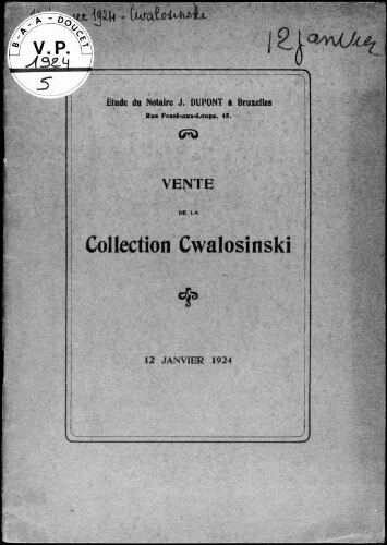 Vente de la collection Cwalosinski : [vente du 12 janvier 1924]