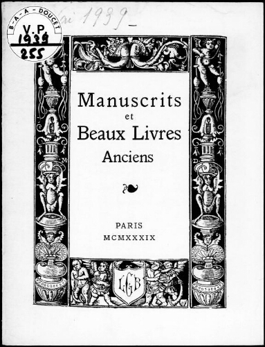 Catalogue de manuscrits et de beaux livres anciens […] : [vente du 16 mai 1939]