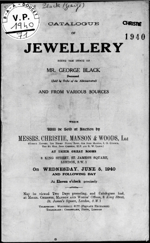 Catalogue of Jewellry being the Stock of Mr. George Black [...] : [vente de 5 juin 1940]