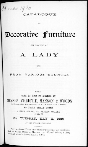 Catalogue of decorative furniture the property of a lady [...] : [vente du 11 mai 1920]