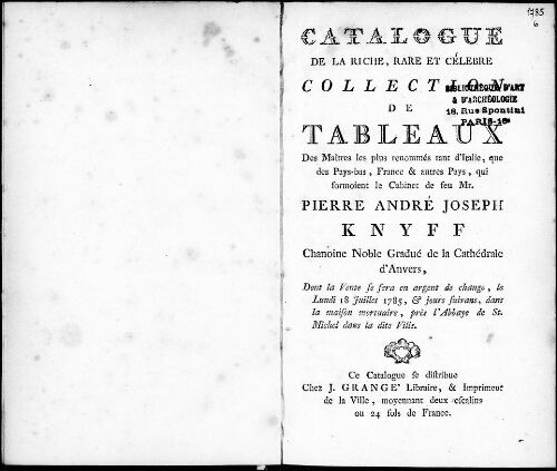 Catalogue de la riche, rare et célèbre collection de tableaux [...] : [vente du 18 juillet 1785]