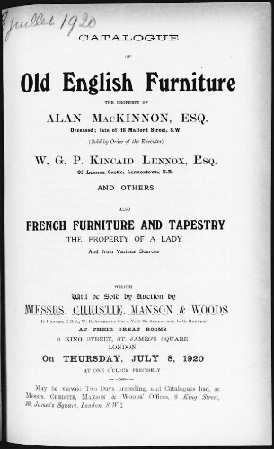 Catalogue of Old English Furniture the Property of Alan McKinnon, esquire [...] : [vente du 8 juillet 1920]